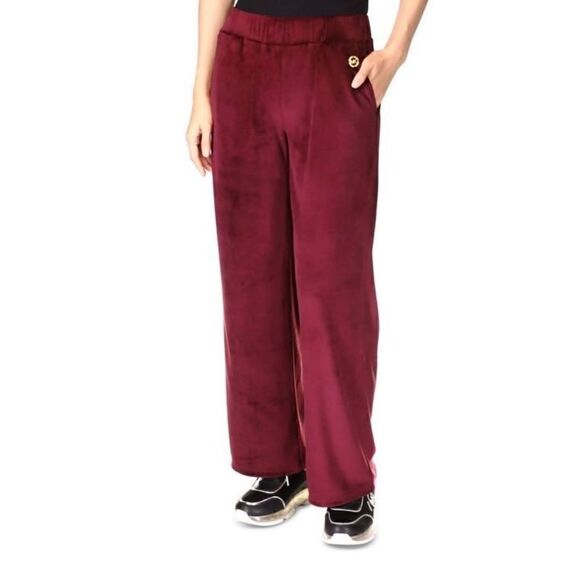 Michael Kors Velour Pants Womens Burgundy Pocketed Pull-on Metallic Logo Size L - Picture 1 of 5